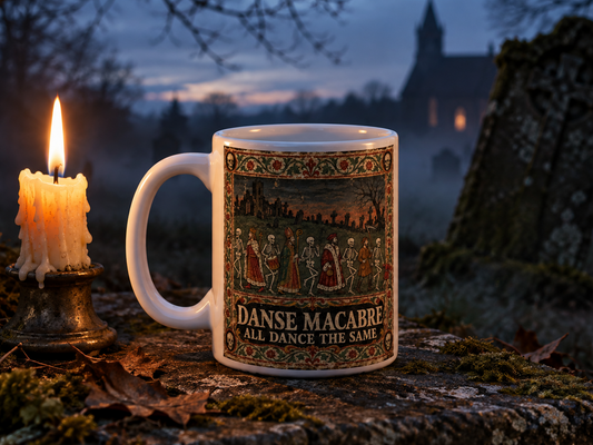 Memento mori Halloween mug in muted autumn tones with a medieval dance of death scene