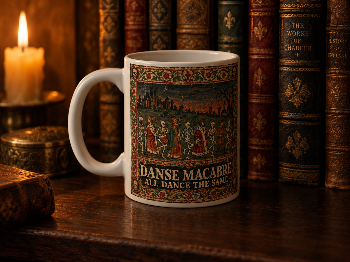 Wraparound view of the Danse Macabre skeleton procession circling a white ceramic mug