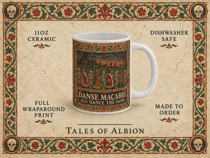 Detail of the danse macabre woodcut border and ruined town rooftops on an 11oz ceramic mug