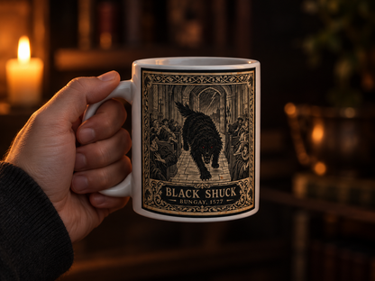 Black Shuck folklore mug shown in full, the black dog charging beneath a stormy gothic scene