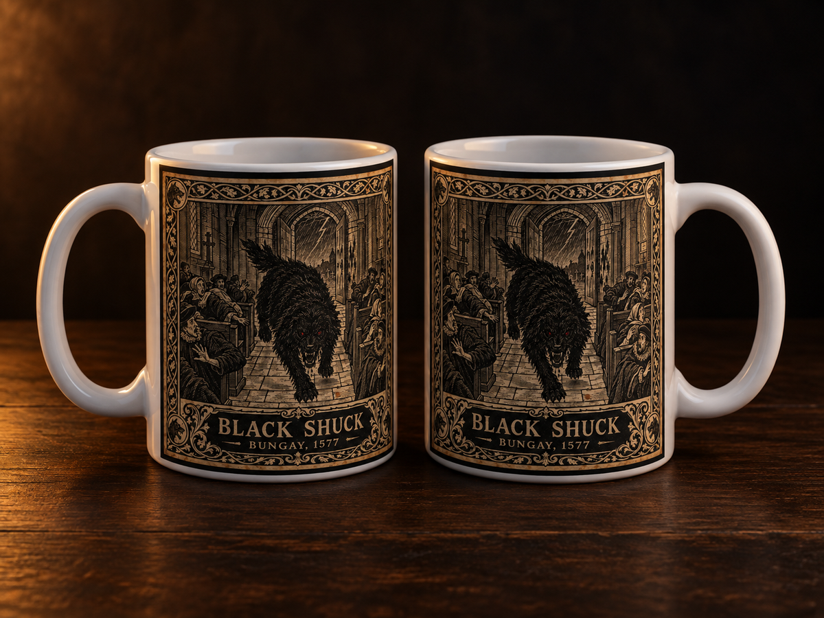 Black Shuck mug — East Anglian hell hound legend printed on an 11oz ceramic mug