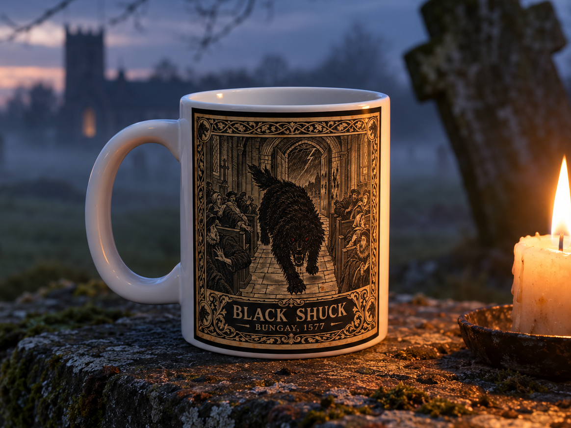 Handle and side view of the Black Shuck black dog folklore mug