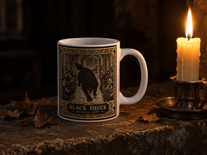 Close view of the Black Shuck hound and gothic aisle detail on the mug