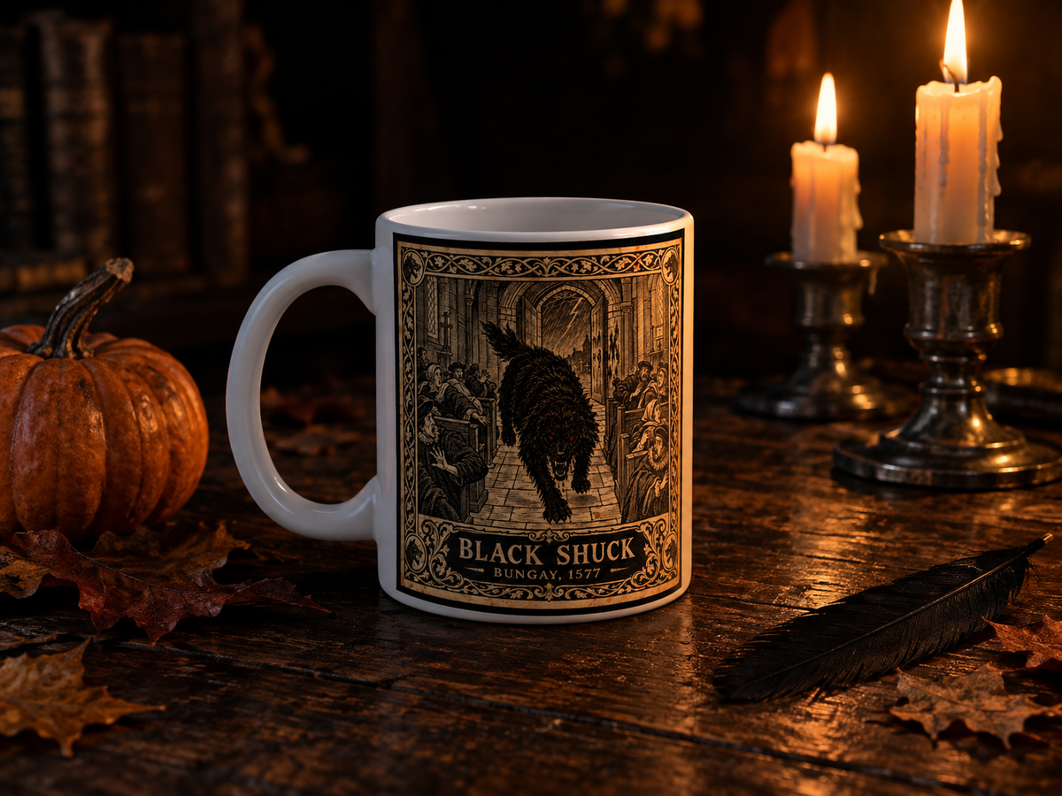 Black Shuck ghost dog mug with antique woodcut artwork on white ceramic drinkware