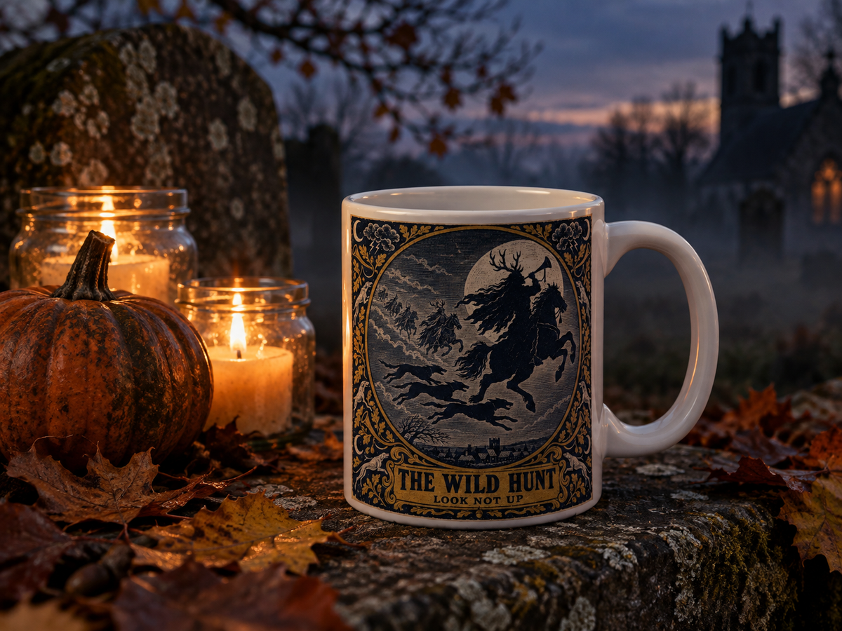 Wild Hunt mug on a mossy graveyard wall at dusk beside a pumpkin and lit candles, a church tower misty behind