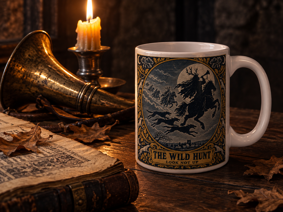Wild Hunt mug by candlelight on a dark oak table with an antique brass hunting horn and an open old book