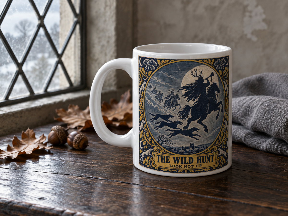 Wild Hunt mug on a dark windowsill by a leaded diamond-pane window with a snowy view, acorns and oak leaves alongside