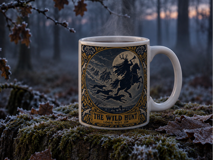 Wild Hunt mug steaming on a mossy tree stump in a frosty winter forest at dusk