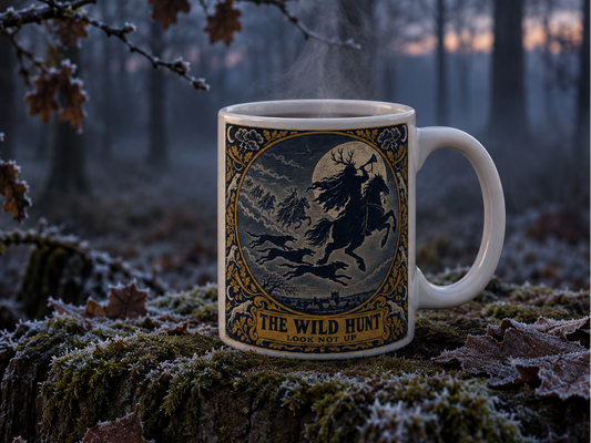 Wild Hunt mug steaming on a mossy tree stump in a frosty winter forest at dusk