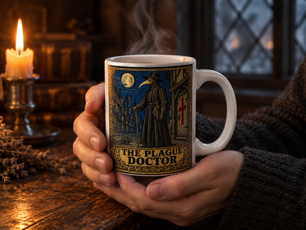 Hands in a charcoal knit jumper holding the steaming Plague Doctor mug by candlelight and a leaded window