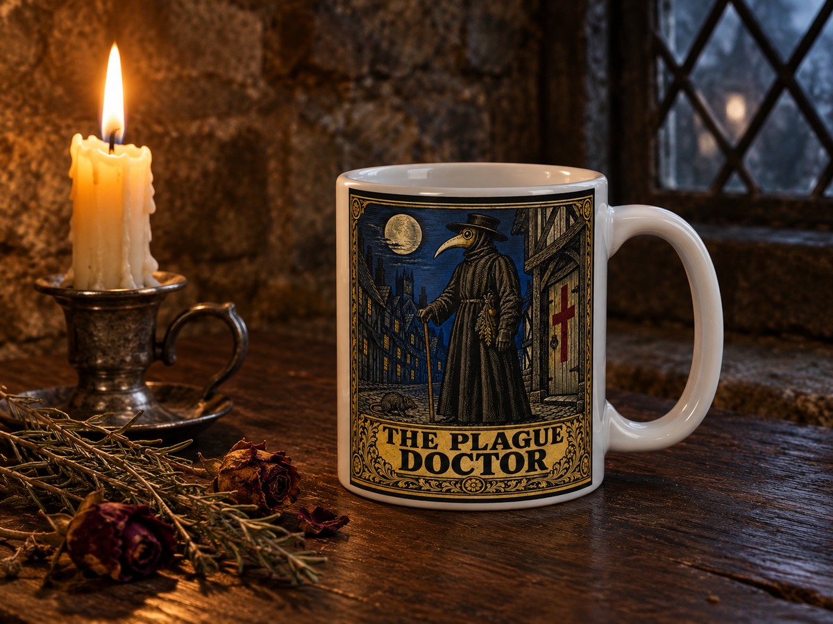 Plague Doctor mug by candlelight on dark oak with dried roses and rosemary, a leaded window at dusk behind