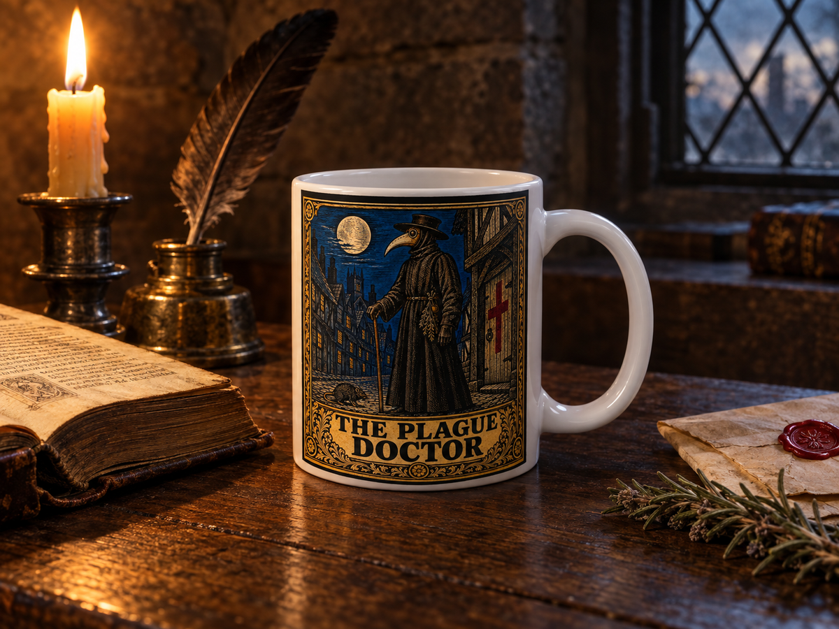 Plague Doctor mug on a candlelit desk with a quill and inkwell, an open antique book and a red wax seal