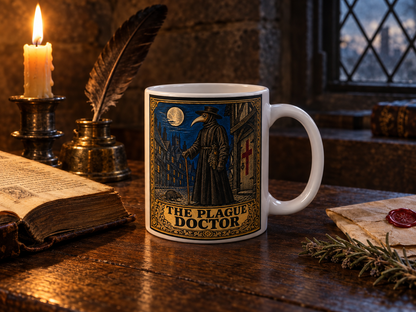 Plague Doctor mug on a candlelit desk with a quill and inkwell, an open antique book and a red wax seal
