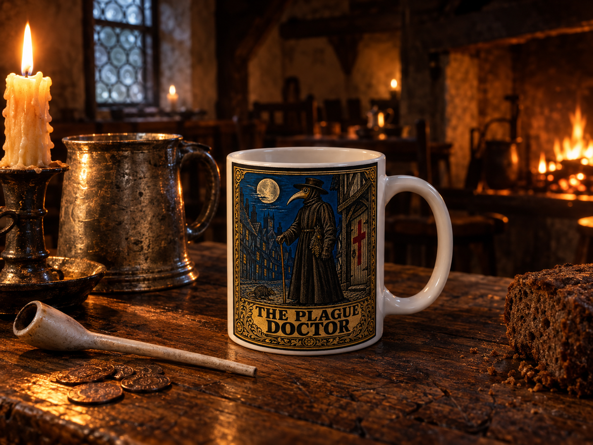 Plague Doctor mug on a dark oak tavern table by candlelight with a pewter tankard, clay pipe and old coins