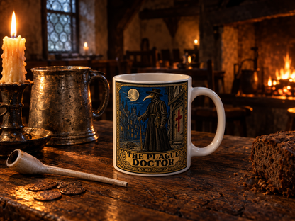 Plague Doctor mug on a dark oak tavern table by candlelight with a pewter tankard, clay pipe and old coins