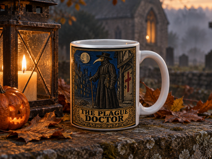 Plague Doctor mug on a mossy graveyard wall at dusk with a lantern and carved pumpkins, a church and Celtic cross misty behind