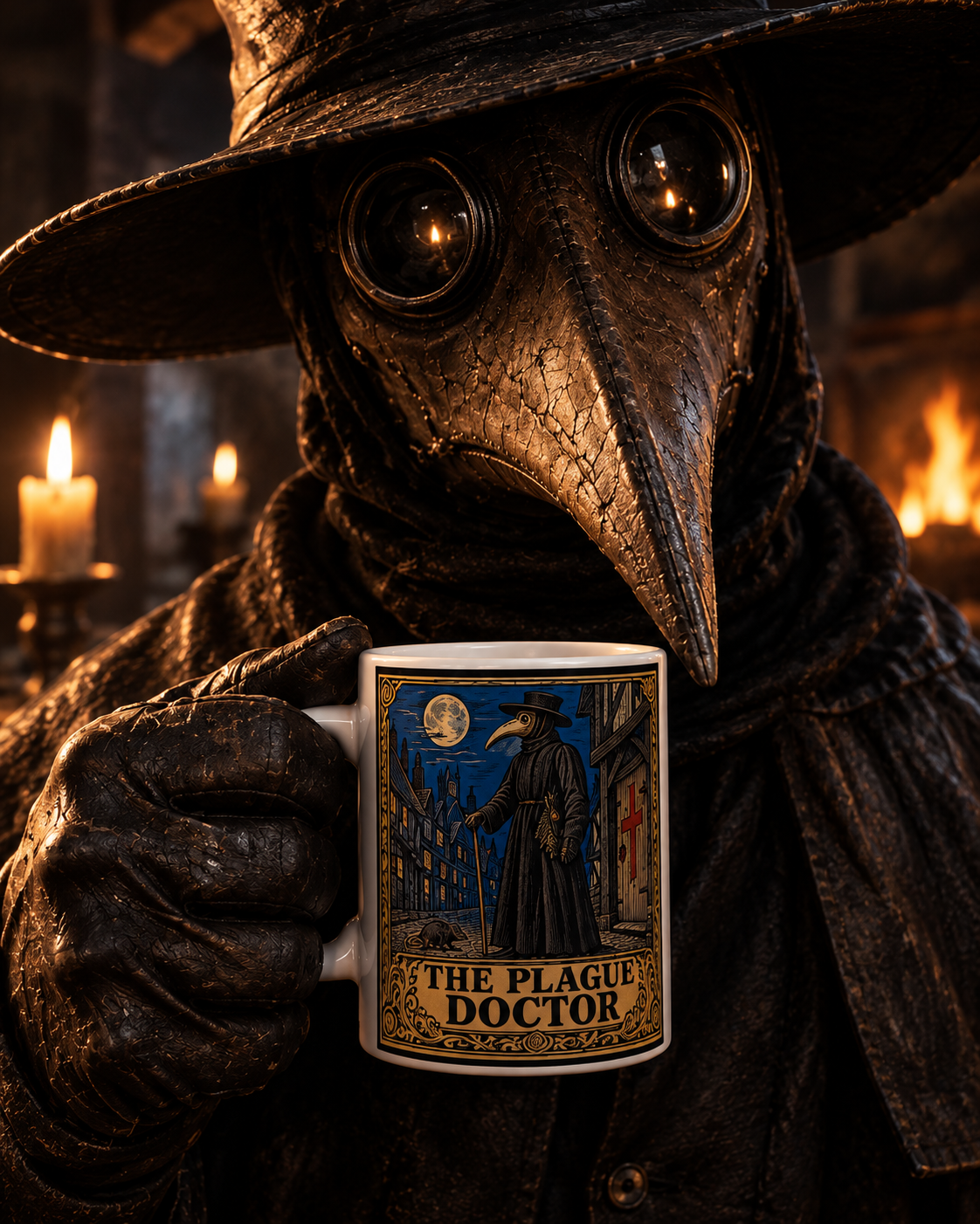 A figure in a full beaked plague-doctor costume holding the Plague Doctor mug by candlelight and firelight