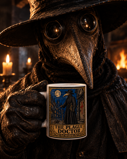 A figure in a full beaked plague-doctor costume holding the Plague Doctor mug by candlelight and firelight