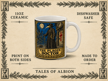 Plague Doctor mug spec card — 11oz ceramic, dishwasher safe, printed on both sides, made to order — in a herb-and-hourglass border