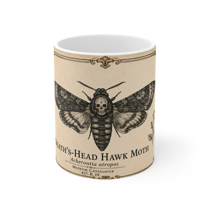 Vintage entomology illustration of a Death's-Head Hawk Moth (Acherontia atropos) with skull marking, printed on an 11oz white ceramic mug