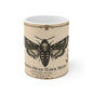 Vintage entomology illustration of a Death's-Head Hawk Moth (Acherontia atropos) with skull marking, printed on an 11oz white ceramic mug