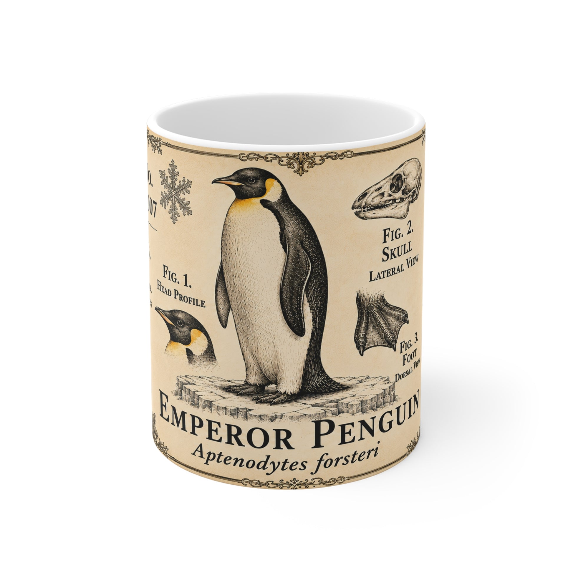 Emperor penguin natural history mug in warm cream and sepia tones, 11oz white ceramic