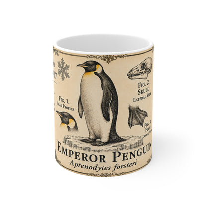 Emperor penguin natural history mug in warm cream and sepia tones, 11oz white ceramic