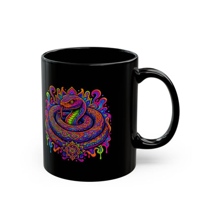Psychedelic Rainbow Snake Mug — Trippy Serpent Black Ceramic Coffee Cup