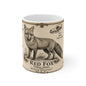 Red fox natural history mug in warm sepia and parchment tones, 11oz white ceramic
