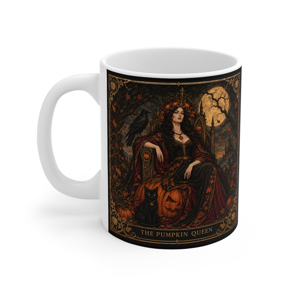 The Pumpkin Queen Halloween mug — a crowned gothic figure with a raven and a black cat beneath a harvest moon, printed on an 11oz ceramic mug