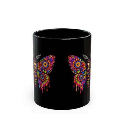 Psychedelic Moth Sugar Skull Mug — Day of the Dead Black Ceramic Coffee Cup