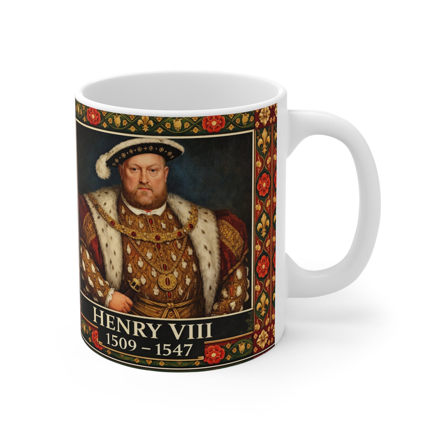 Henry VIII Portrait Mug with Tudor Pattern — Tudor History Gift