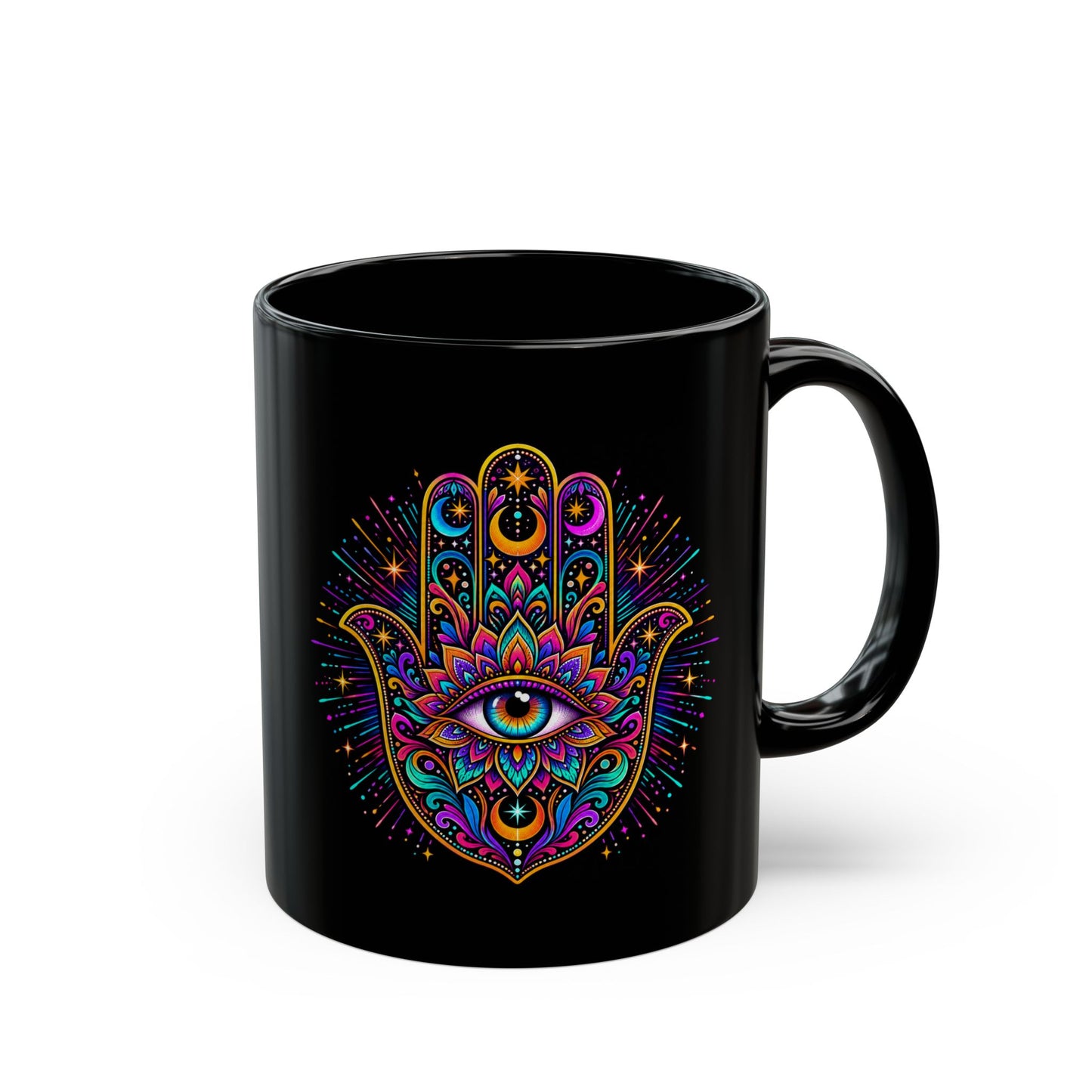 Psychedelic Hamsa Hand Mug — Third Eye Black Ceramic Coffee Cup