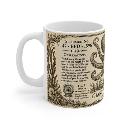 Vintage octopus engraving with tentacle detail and specimen notes on a white ceramic mug