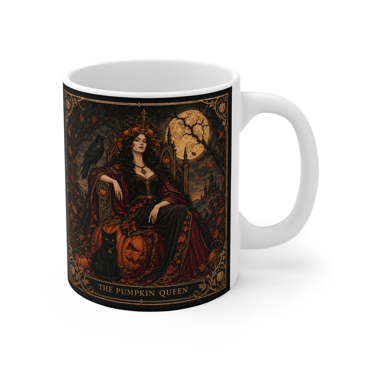 Pumpkin Queen mug artwork with a black cat beside a carved jack-o'-lantern and a raven perched on the throne