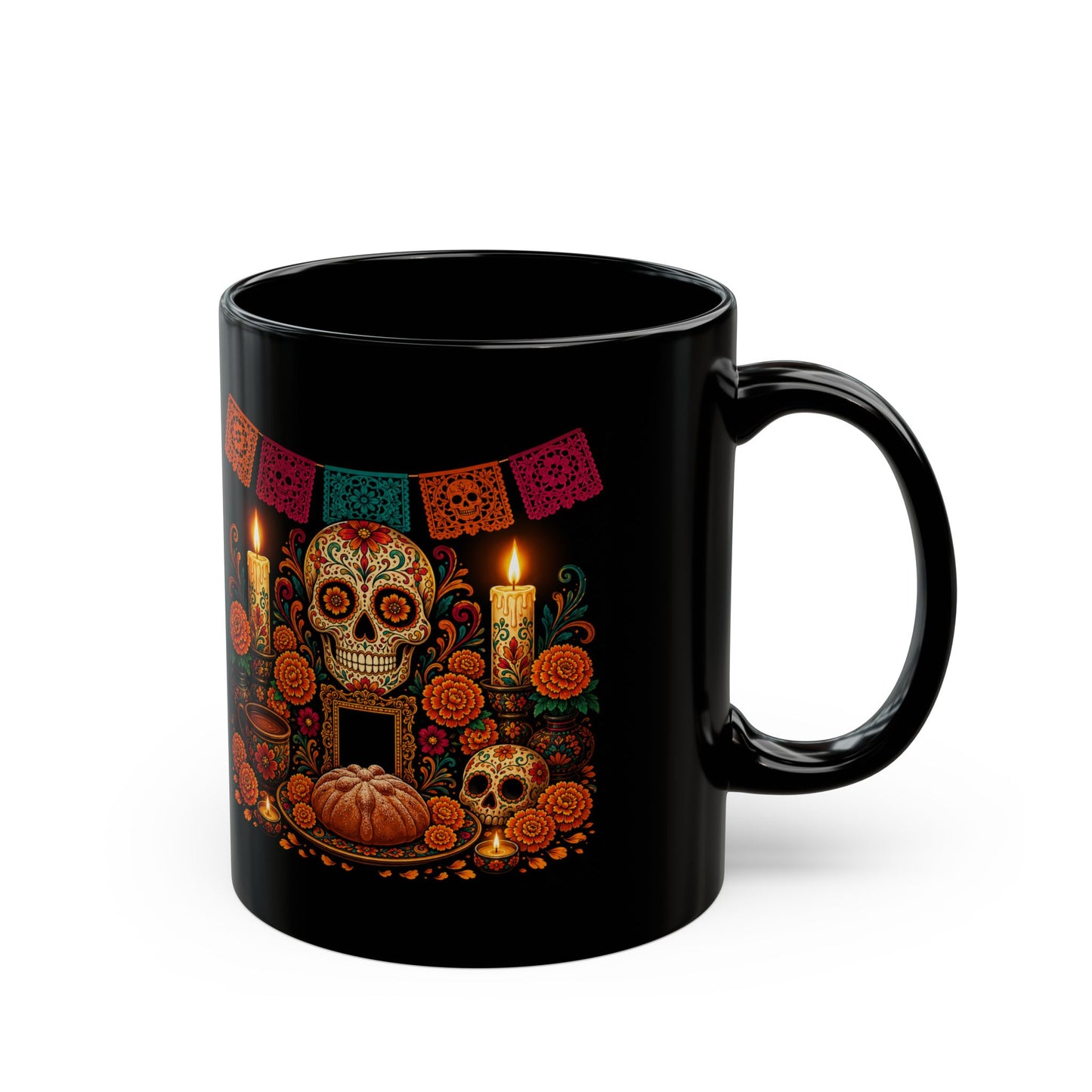 Ofrenda Sugar Skull Mug — Day of the Dead Black Ceramic Coffee Cup