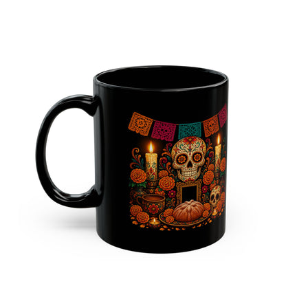 Ofrenda Sugar Skull Mug — Day of the Dead Black Ceramic Coffee Cup