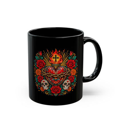 Sacred Heart Sugar Skull Mug — Day of the Dead Black Ceramic Coffee Cup