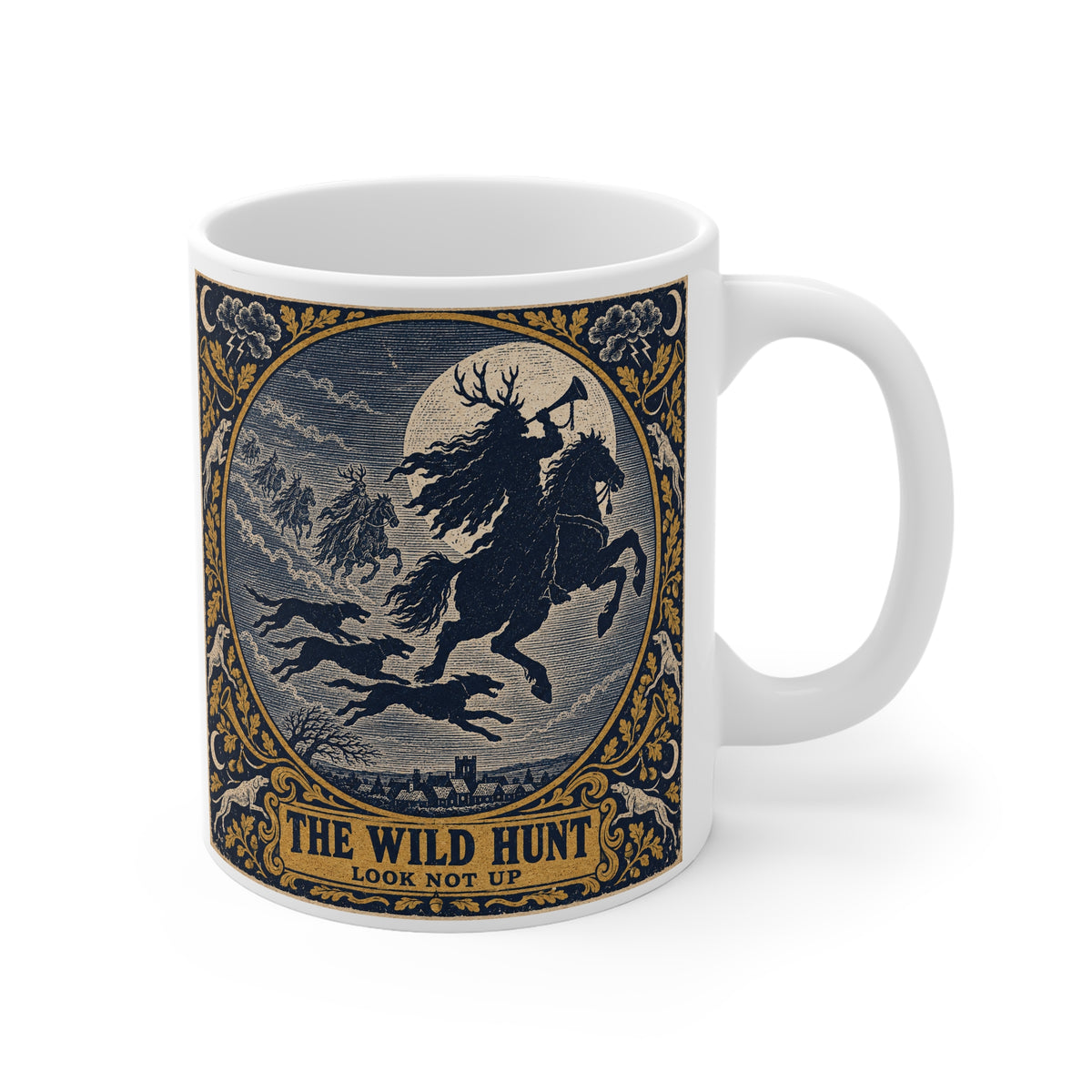 The Wild Hunt woodcut on an 11oz white ceramic mug — the horned rider and spectral hounds over a sleeping village under a full moon