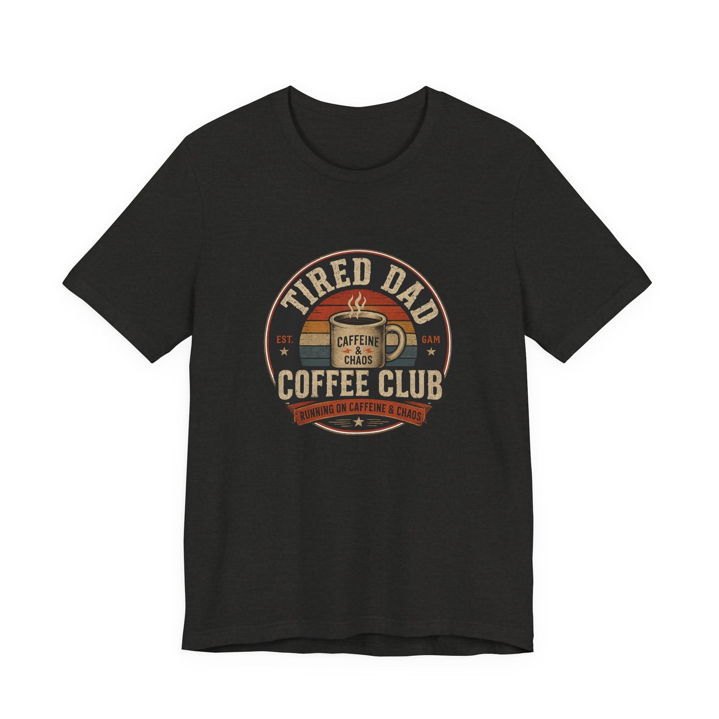 Tired Dad Coffee Club T-Shirt shown from the front in an alternative colour, vintage coffee badge design centred on the chest