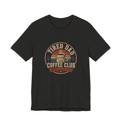 Tired Dad Coffee Club T-Shirt shown from the front in an alternative colour, vintage coffee badge design centred on the chest
