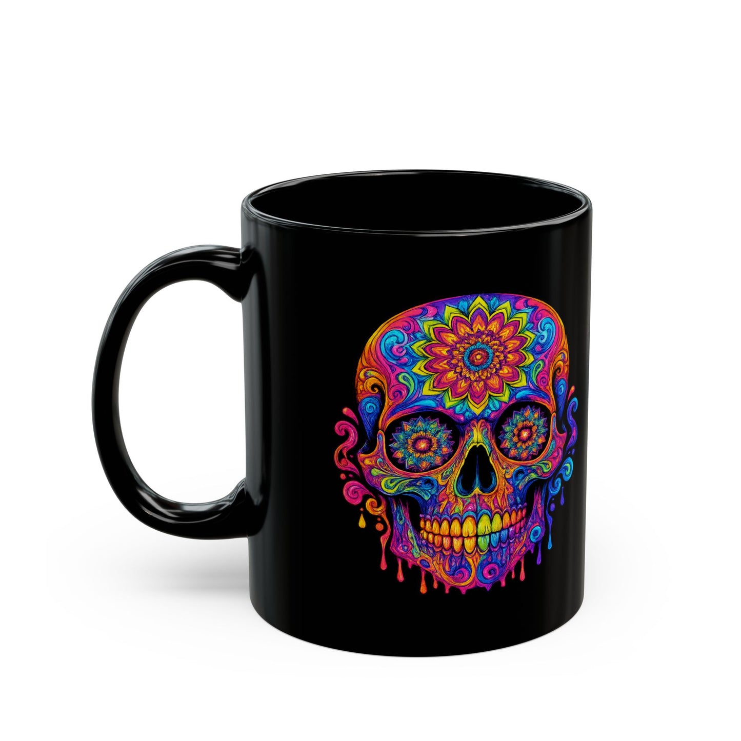 Colorful Sugar Skull Mug — Day of the Dead Black Ceramic Coffee Cup