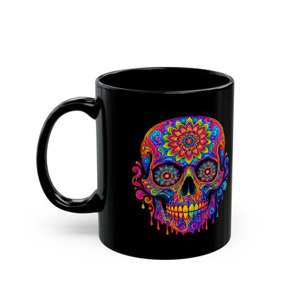 Colorful Sugar Skull Mug — Day of the Dead Black Ceramic Coffee Cup