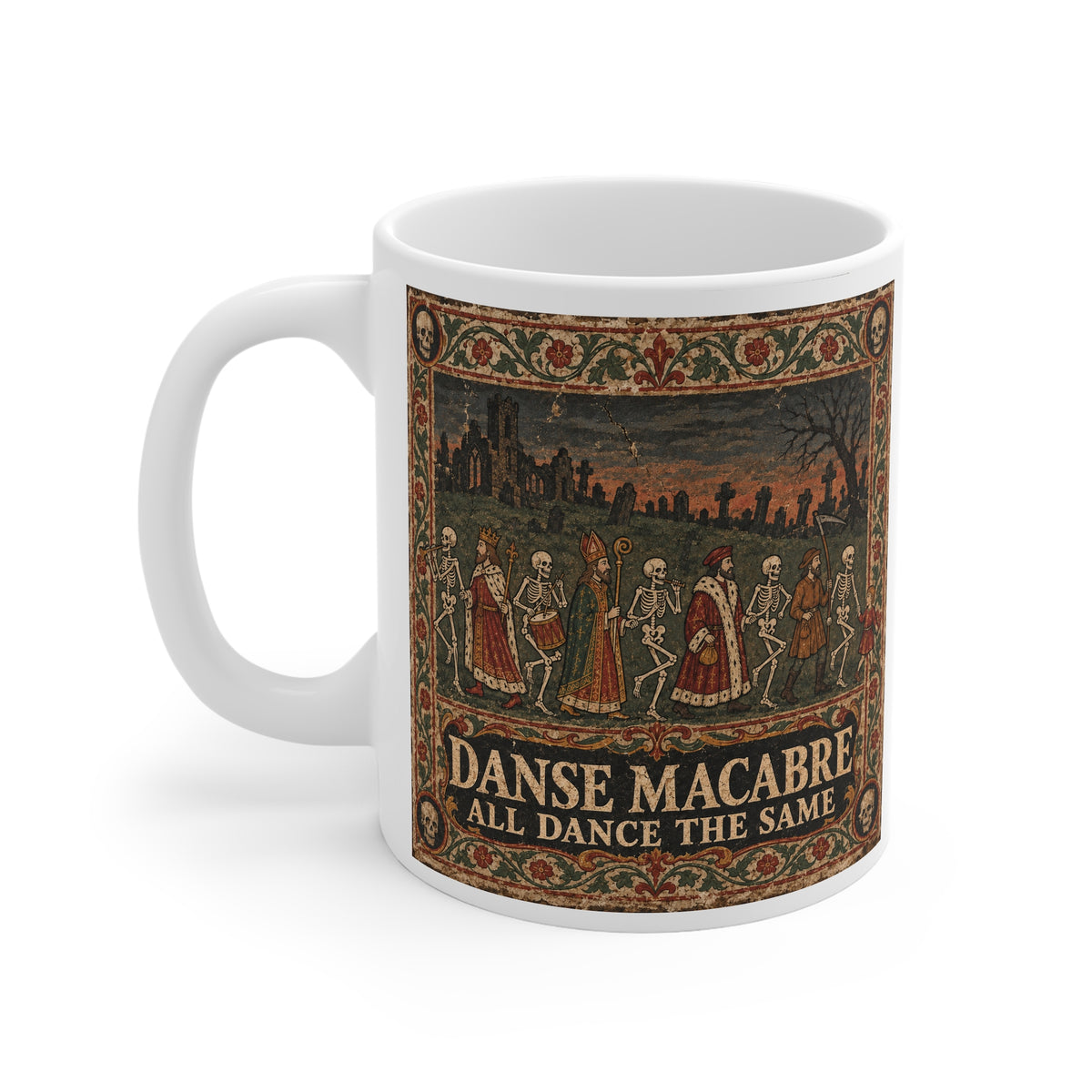 Danse Macabre mug — a woodcut ring of skeletons dancing hand in hand through a ruined medieval town, printed on an 11oz ceramic mug