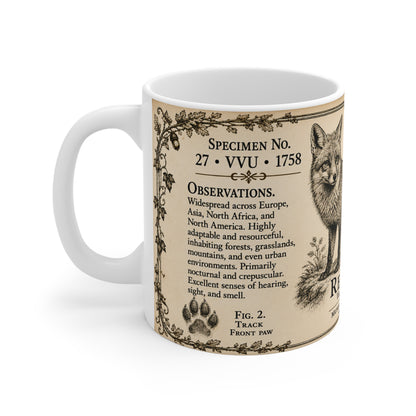 Red fox vintage illustration with filigree detail and field notes on a white ceramic mug