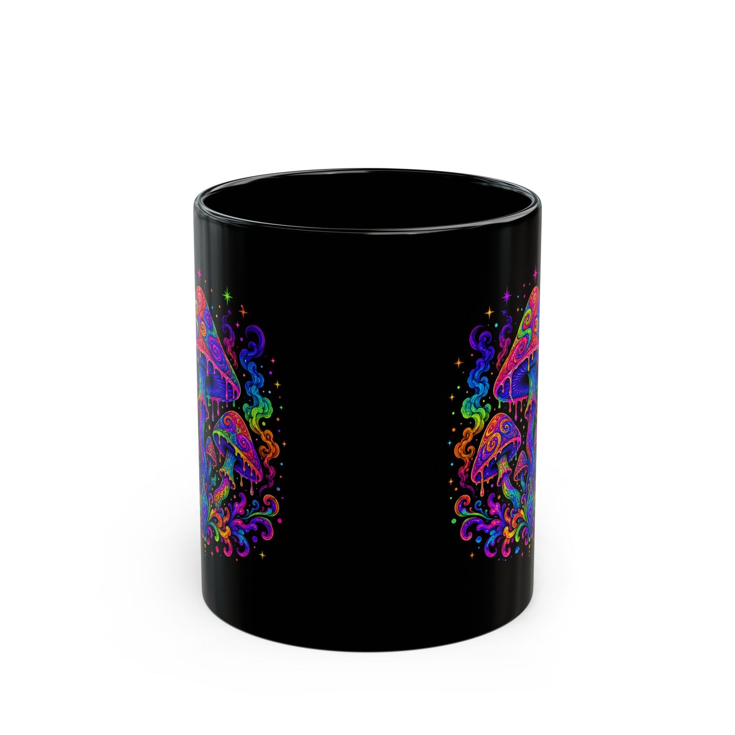 Psychedelic Rainbow Mushroom Mug — Trippy Black Ceramic Coffee Cup