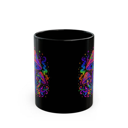 Psychedelic Rainbow Mushroom Mug — Trippy Black Ceramic Coffee Cup
