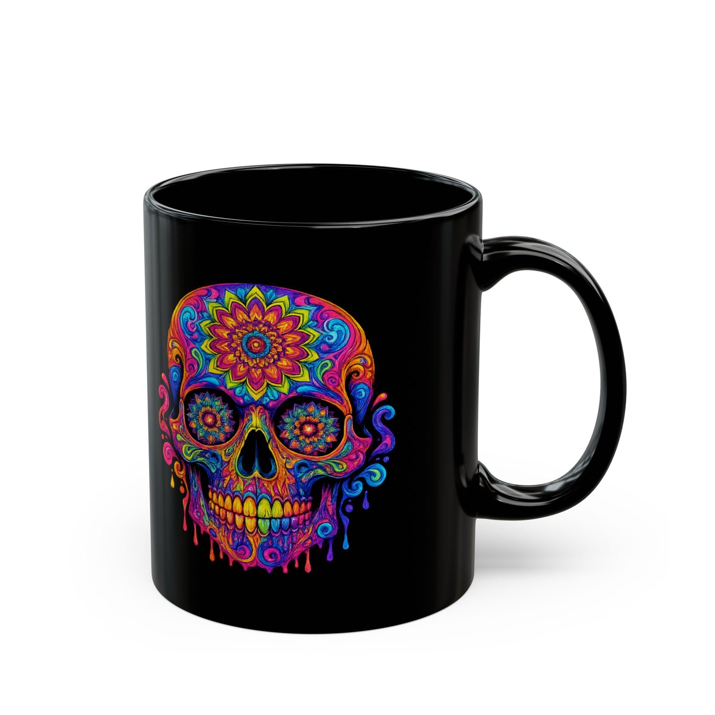 Colorful Sugar Skull Mug — Day of the Dead Black Ceramic Coffee Cup