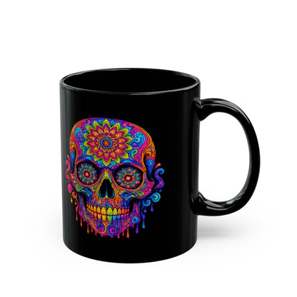 Colorful Sugar Skull Mug — Day of the Dead Black Ceramic Coffee Cup