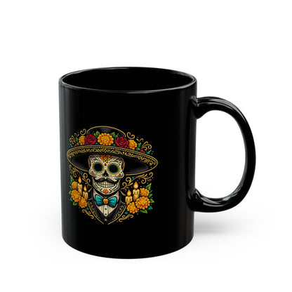 El Catrín Sugar Skull Mug — Day of the Dead Black Ceramic Coffee Cup